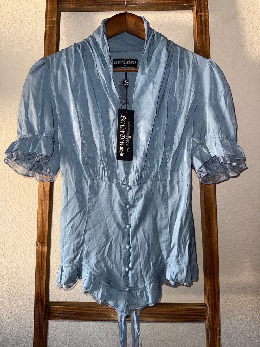 Scarlet Darkness Blue Satin Lace Corset Back Blouse Women's Medium NWT Fairycore